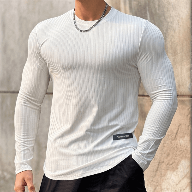 White sports quick-dry men's long sleeve t-shirt, featuring O-neck collar and striped pattern, perfect for gym workouts. Model wearing it.